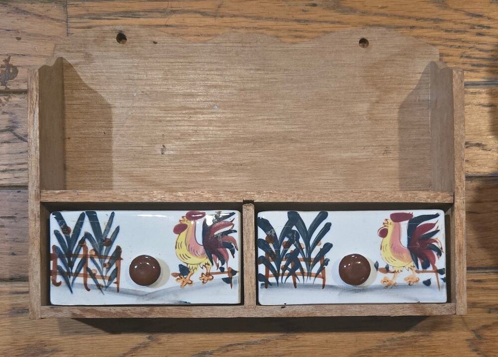 Vintage 1950s Rooster Wooden Spice Rack Organizer Ceramic Drawers Retro Kitsch